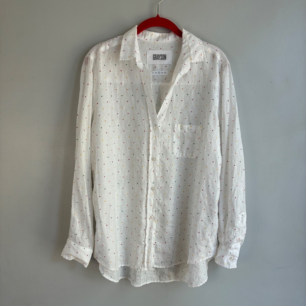 Grayson The Hero Button Down Shirt Women 03‎ White Rainbow Heart Linen